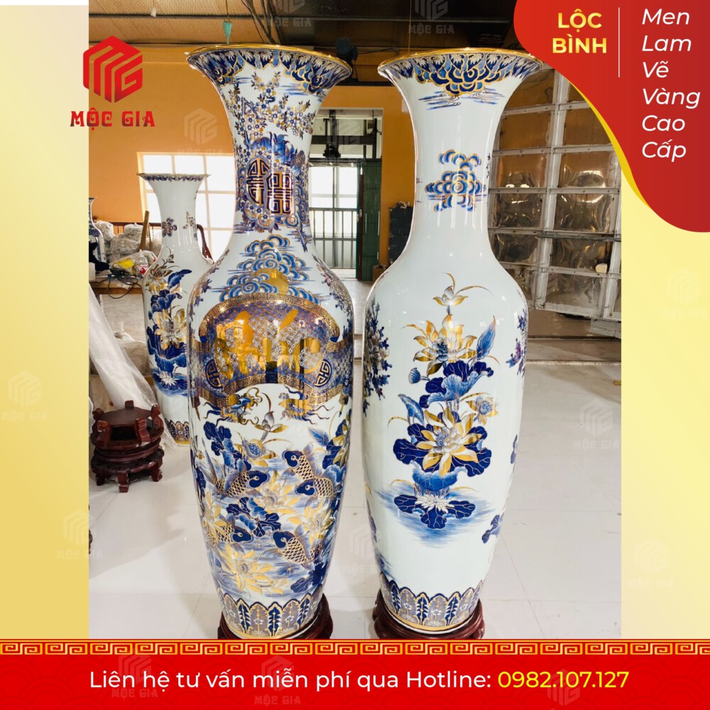 Lộc Bình Men Lam Vẽ Vàng Cao Cấp - MLVV25