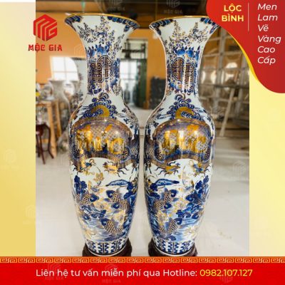 Lộc Bình Men Lam Vẽ Vàng Cao Cấp - MLVV26