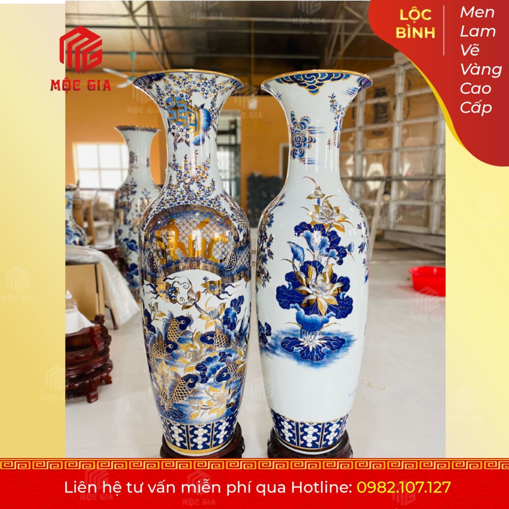 Lộc Bình Men Lam Vẽ Vàng Cao Cấp - MLVV05
